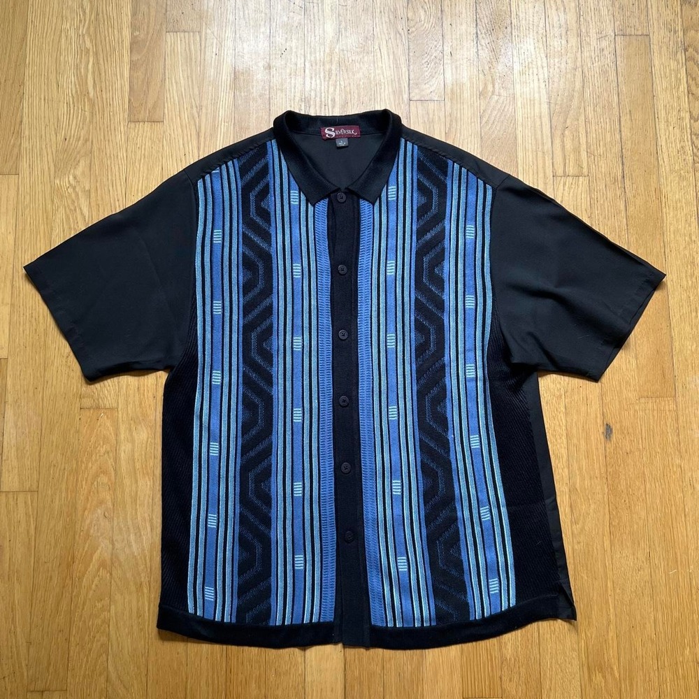 Silver Silk blue and black geometric striped button-up shirt